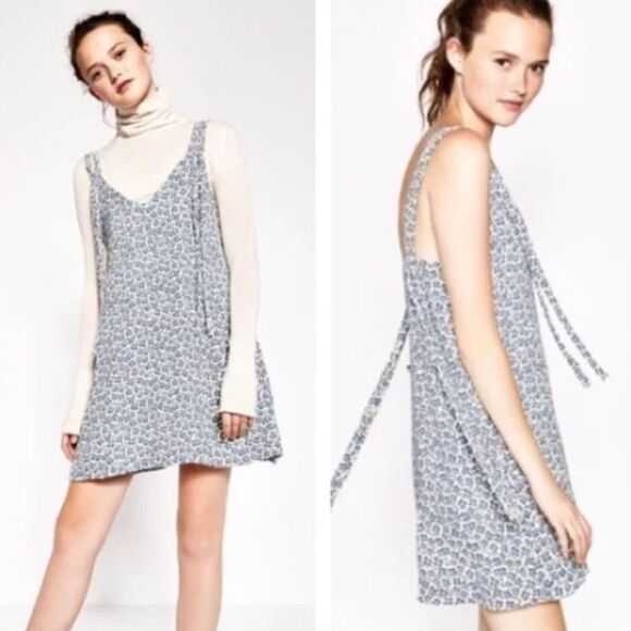 Zara Trafaluc Collection Tie-Strap Mini Dress in Blue/Cream Floral Print | XS - Picture 1 of 8
